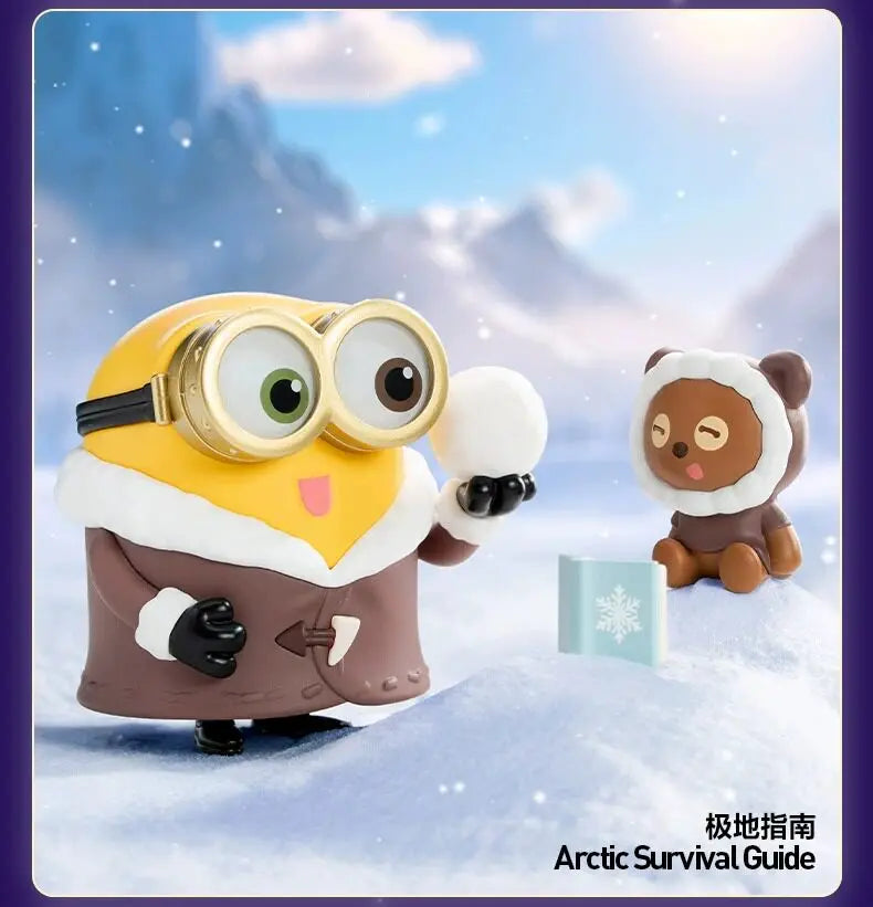 A cute, yellow and brown collectible figure resembling a bear wearing oversized goggles in a snowy landscape.