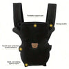 Black ergonomic baby carrier featuring a foldable support pad, strong buckle, and double layer protection.