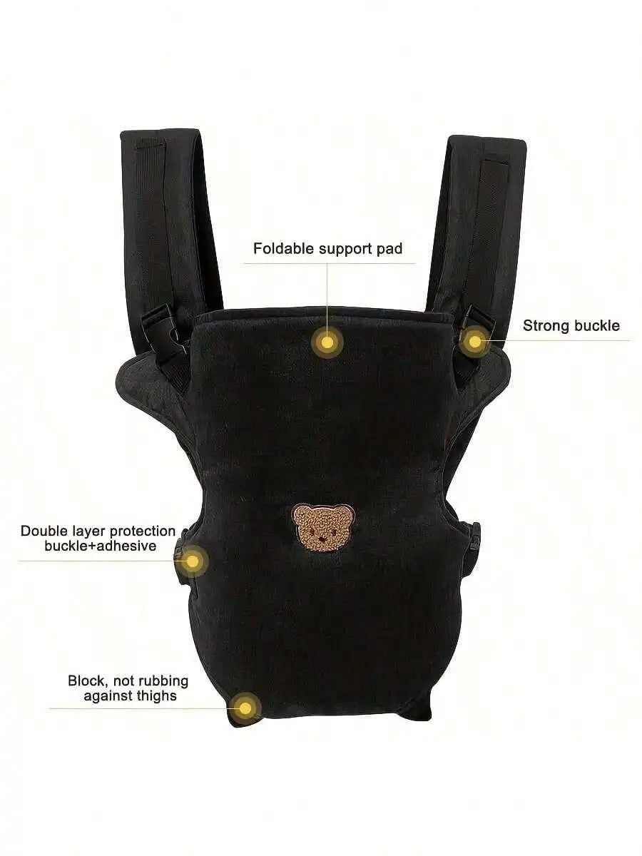 Black ergonomic baby carrier featuring a foldable support pad, strong buckle, and double layer protection.
