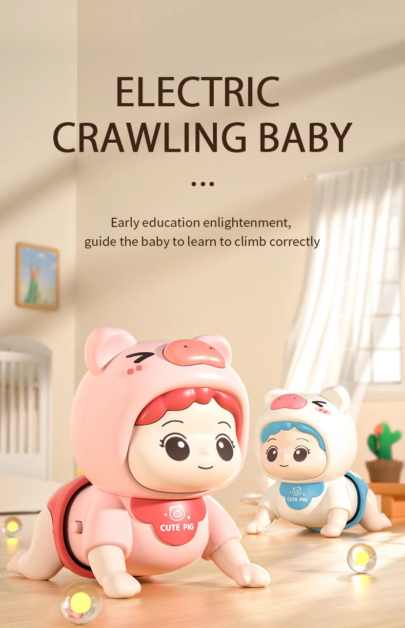 A pink electric crawling baby toy designed for early education and guiding a baby to learn to climb correctly.