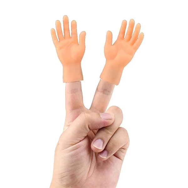 An orange silicone hand toy showing a person's fingers making a peace sign gesture.