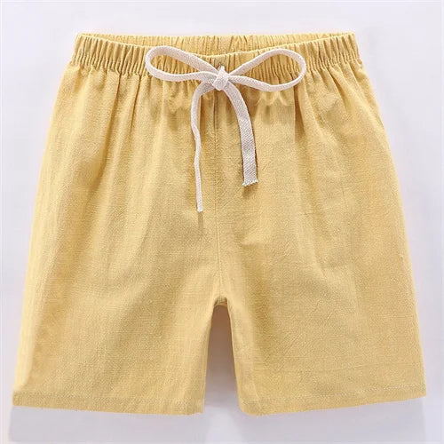 Yellow cotton-linen summer shorts for kids with an adjustable elastic waistband