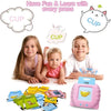 A set of interactive educational flash cards for learning with cups and other items.