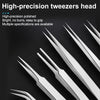 A close-up view of a set of high-precision stainless steel tweezers with various straight and bent tips.