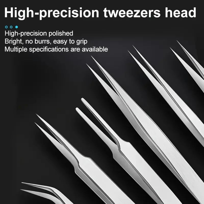 A close-up view of a set of high-precision stainless steel tweezers with various straight and bent tips.