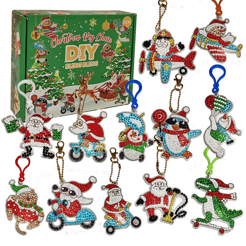 A box of 5D diamond painting keychain craft kits featuring various Christmas and animal charms.