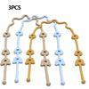 Three silicone pacifier clips with anti-drop chains in beige and light blue colors