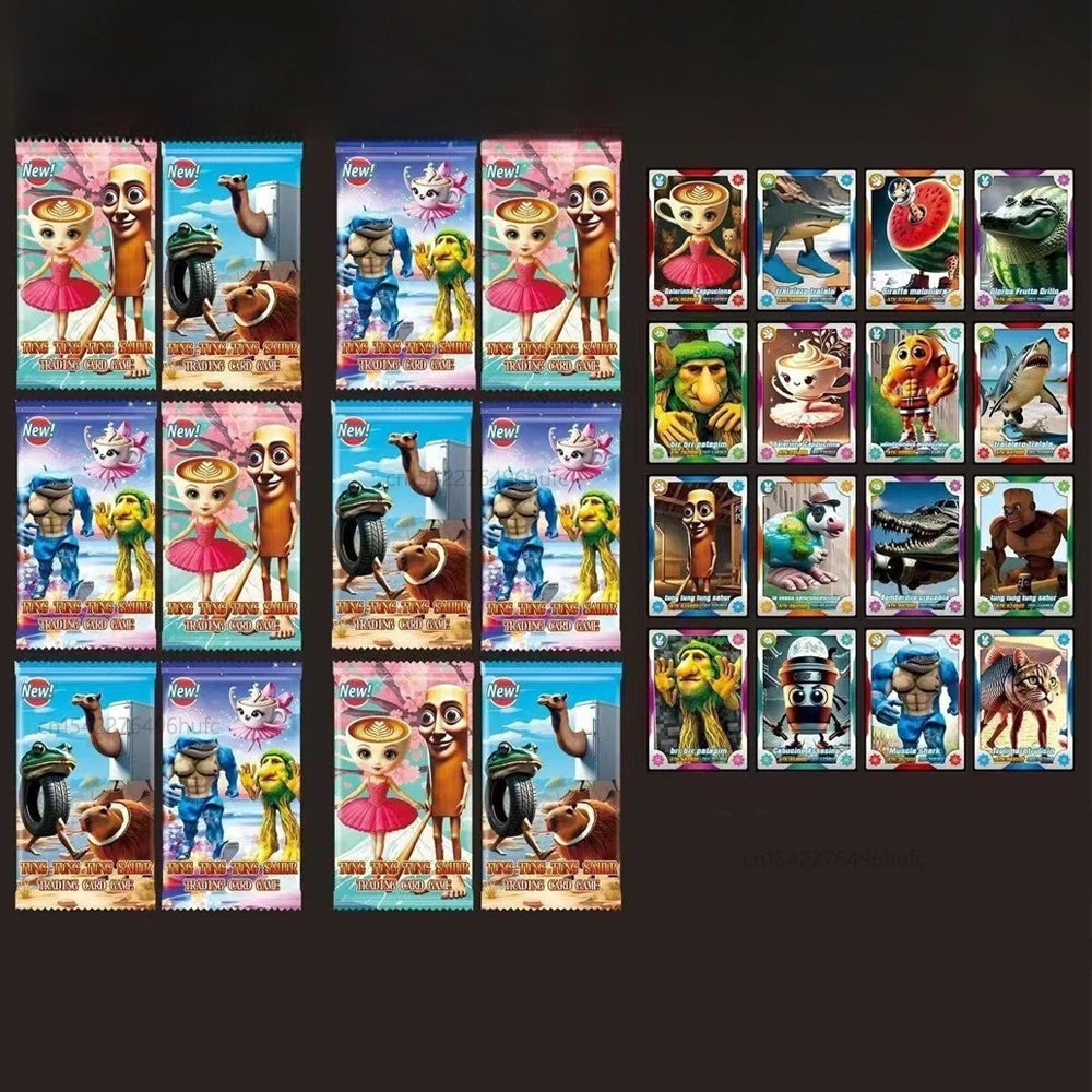 A collection of funny meme brainrot trading cards featuring various characters and animals.