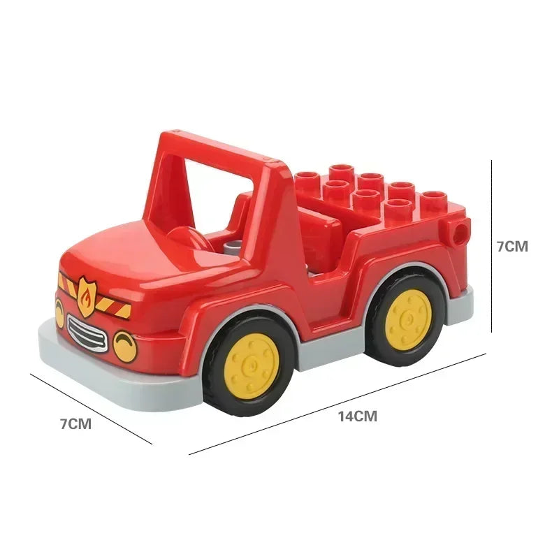 A red city traffic vehicle building block set featuring a truck with yellow wheels.