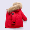 A bright red kids' hooded winter jacket featuring a thick, fluffy brown fur collar.