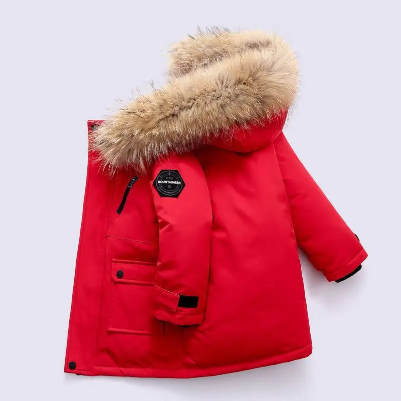 A bright red kids' hooded winter jacket featuring a thick, fluffy brown fur collar.