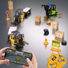 A yellow 1:64 remote control crane and forklift playset with a trailer and accessories on a dark surface.