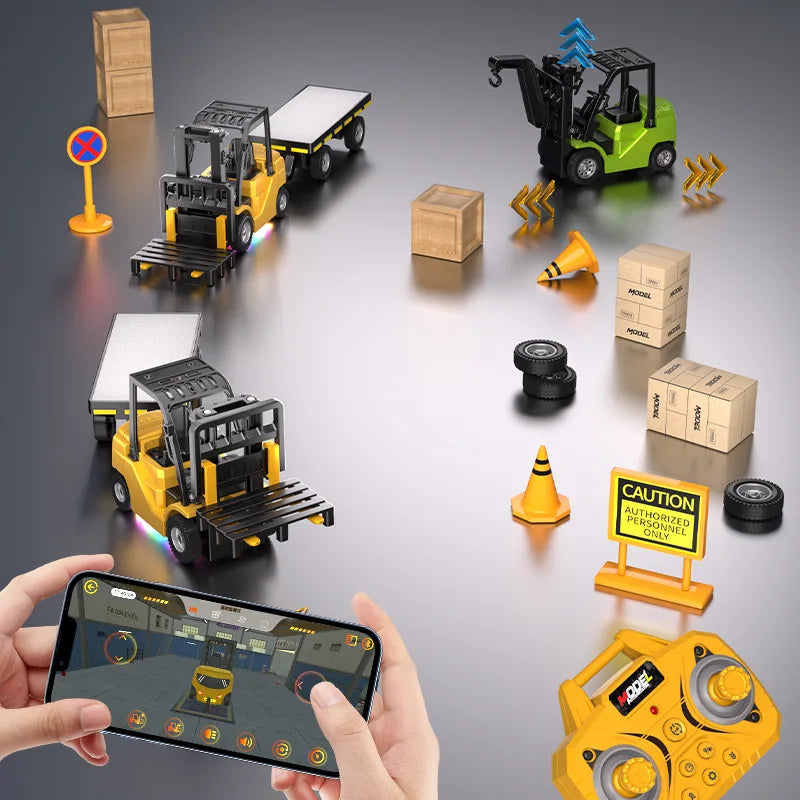 A yellow 1:64 remote control crane and forklift playset with a trailer and accessories on a dark surface.
