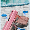 A pink high-power water blaster gun is shown with labels pointing to features like the grip, trigger, and water outlet.