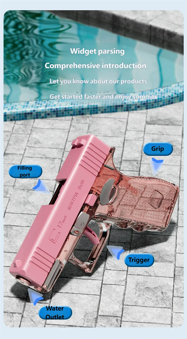 A pink high-power water blaster gun is shown with labels pointing to features like the grip, trigger, and water outlet.