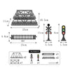 Diagram showing components of a vintage steam train set including a model, track, and remote control.