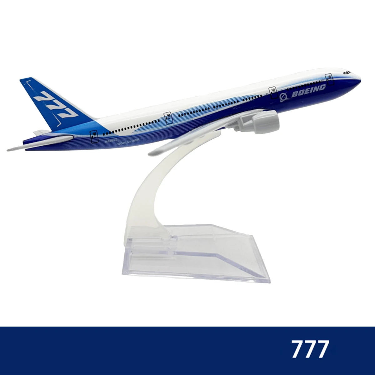 Diecast model of a Boeing 777 airplane in blue and white with the Boeing logo