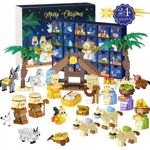 Adventskalender mit 24 Holztürchen, enthält Spielfiguren, einen DIY-Baum und einen Zug zum Selberbauen.