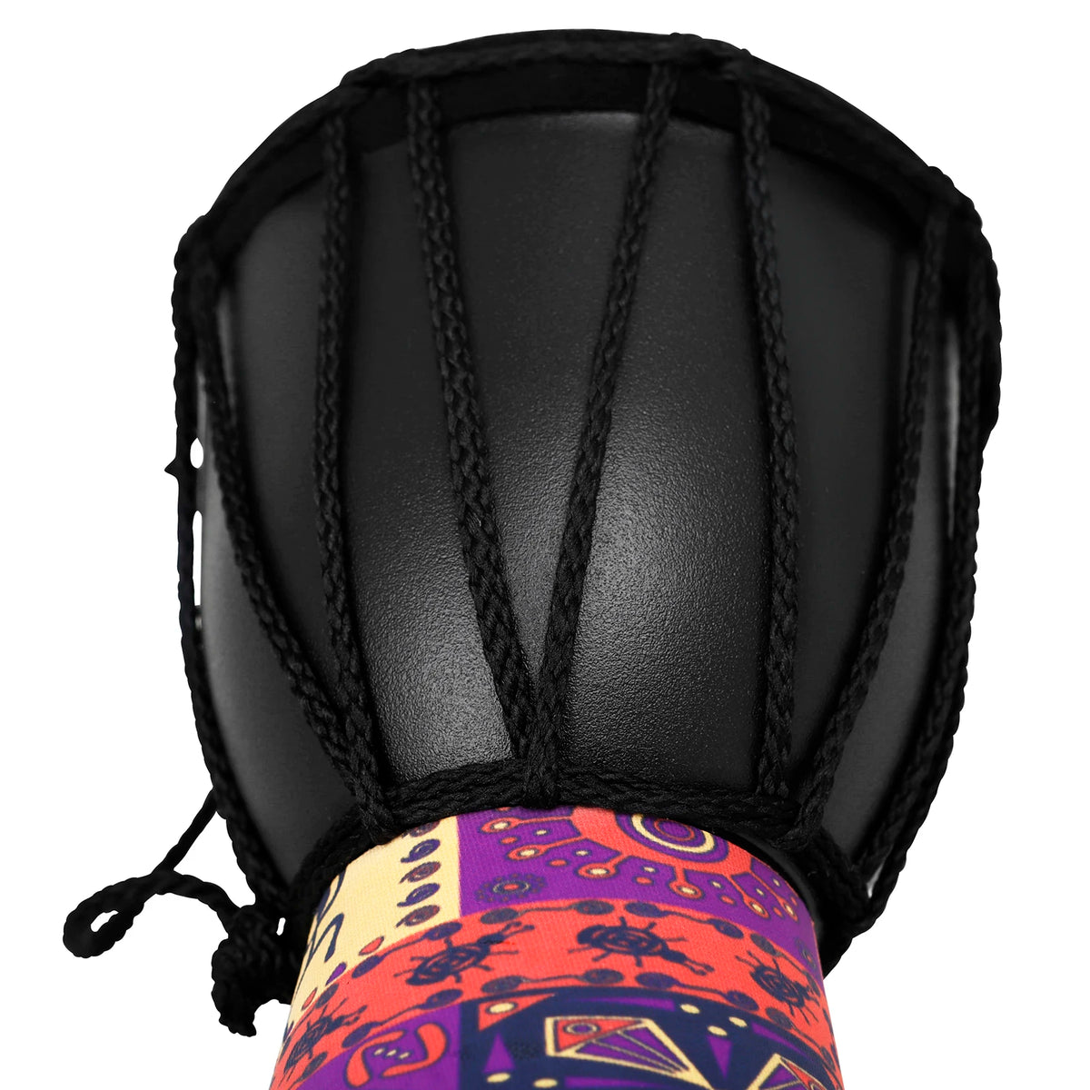 A close-up of a black hand drum with colorful patterned skin visible at the bottom.