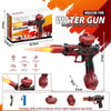 A red water gun toy with a black and red design shown alongside its components and usage details.