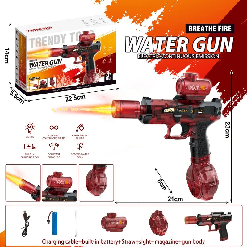 A red water gun toy with a black and red design shown alongside its components and usage details.