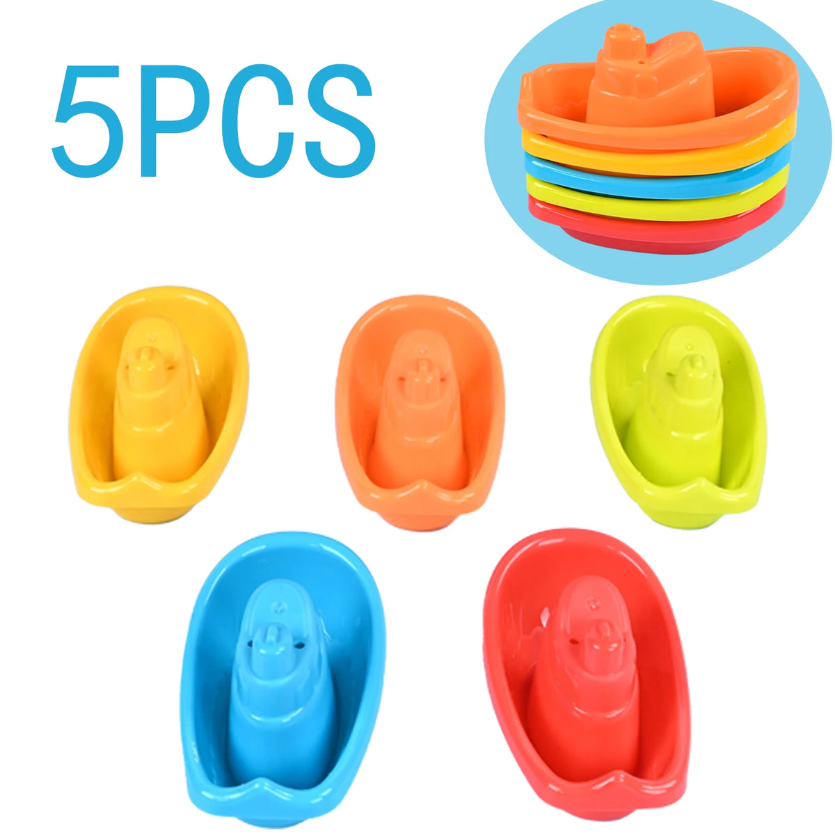 Five colorful floating bath boat toys in various colors including yellow, orange, green, and blue.