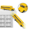 Yellow diecast 1:64 pull-back city bus toy shown in various views and detail shots.