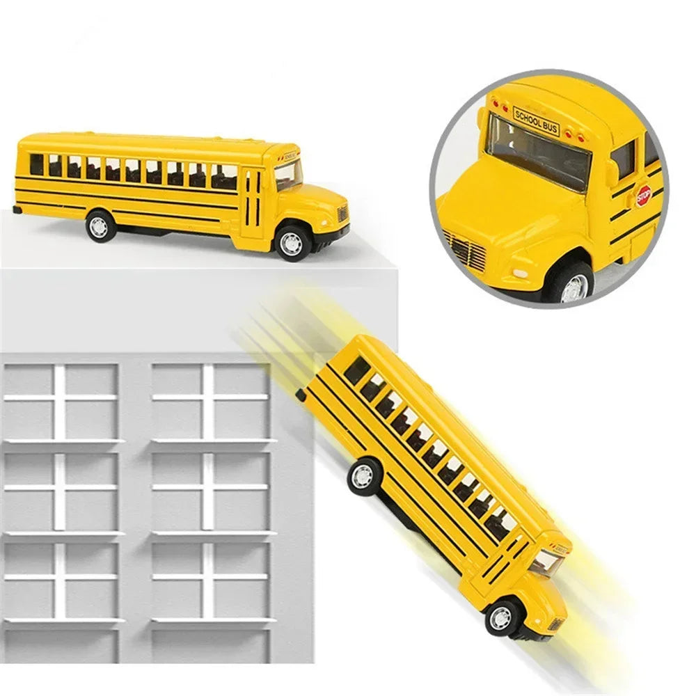 Yellow diecast 1:64 pull-back city bus toy shown in various views and detail shots.