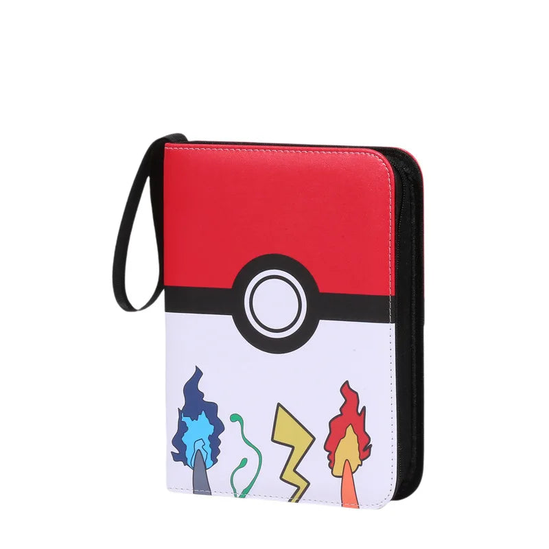 A red, black, and white PU leather card binder with a zipper closure.
