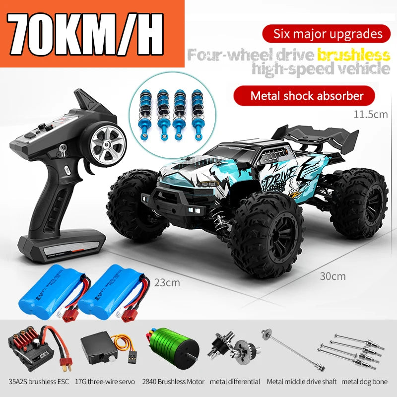 A black brushless 4WD monster truck RC car is shown with various upgrades and accessories.