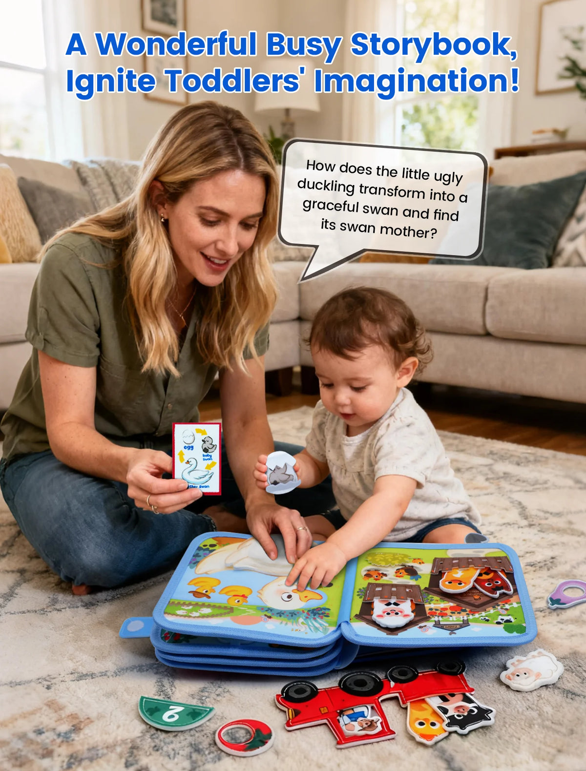 A woman is showing a farm-themed Montessori busy book to a toddler on a rug surrounded by various toys.