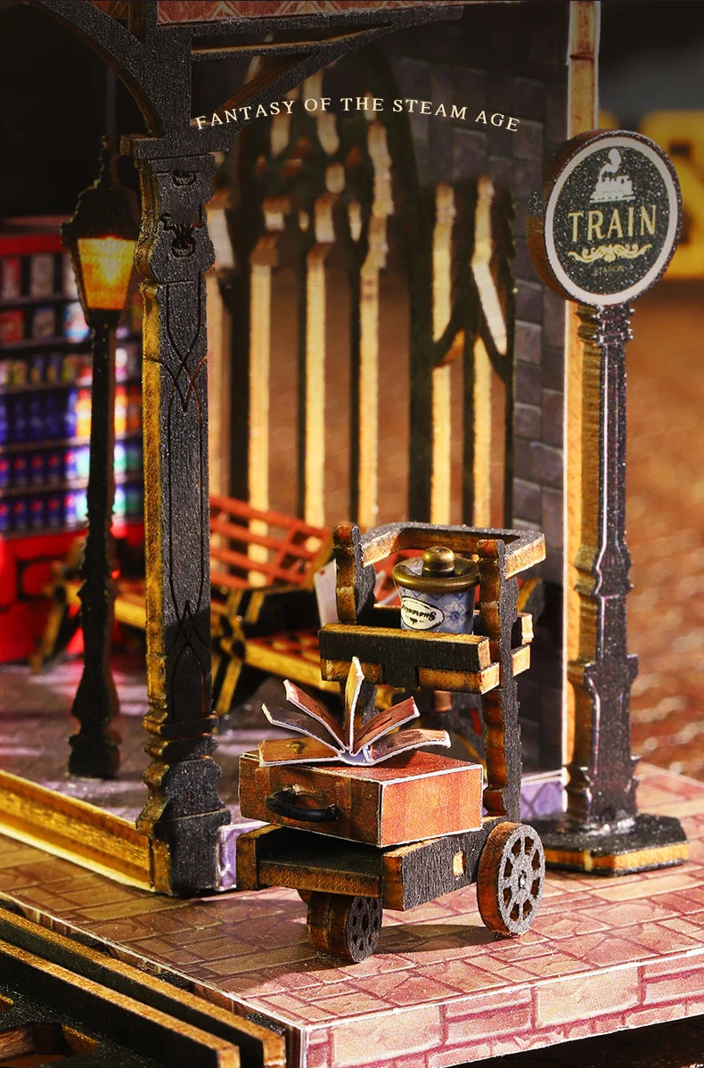 A detailed diorama featuring a wooden miniature train and rail track setup within a fantasy steam age city dollhouse scene.