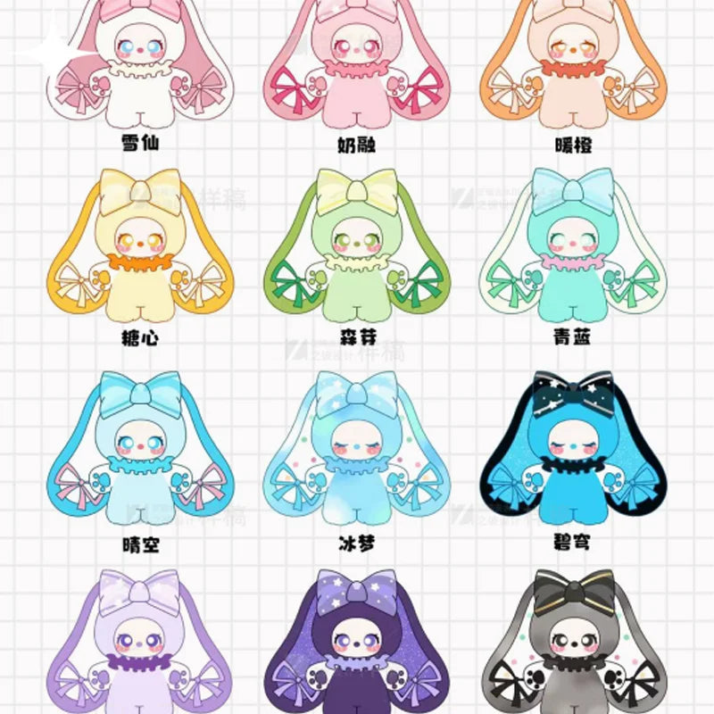 A collection of blind box figures featuring various colored candy bunny characters.
