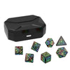 A black rectangular case containing a set of colorful LED glow dice for tabletop gaming.