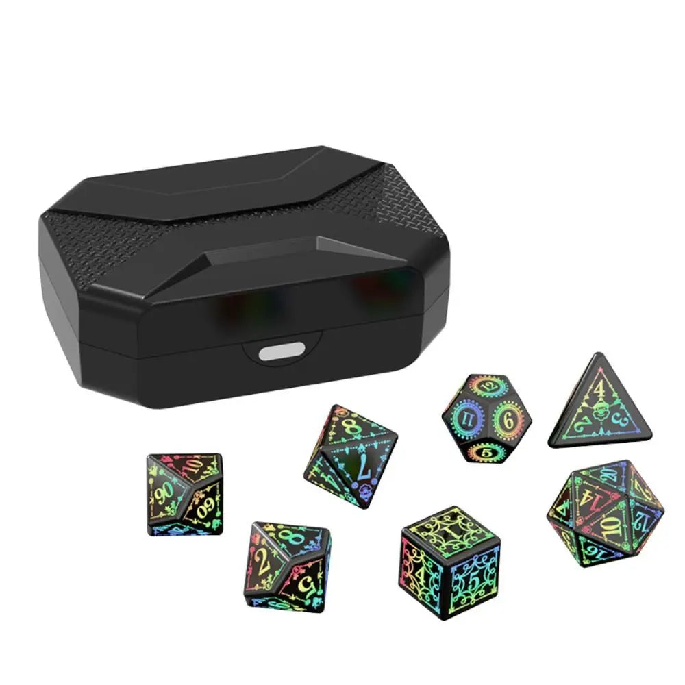 A black rectangular case containing a set of colorful LED glow dice for tabletop gaming.