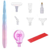 A collection of diamond painting tools including a pen, roller, and various shaping tools in pink, clear, and red.