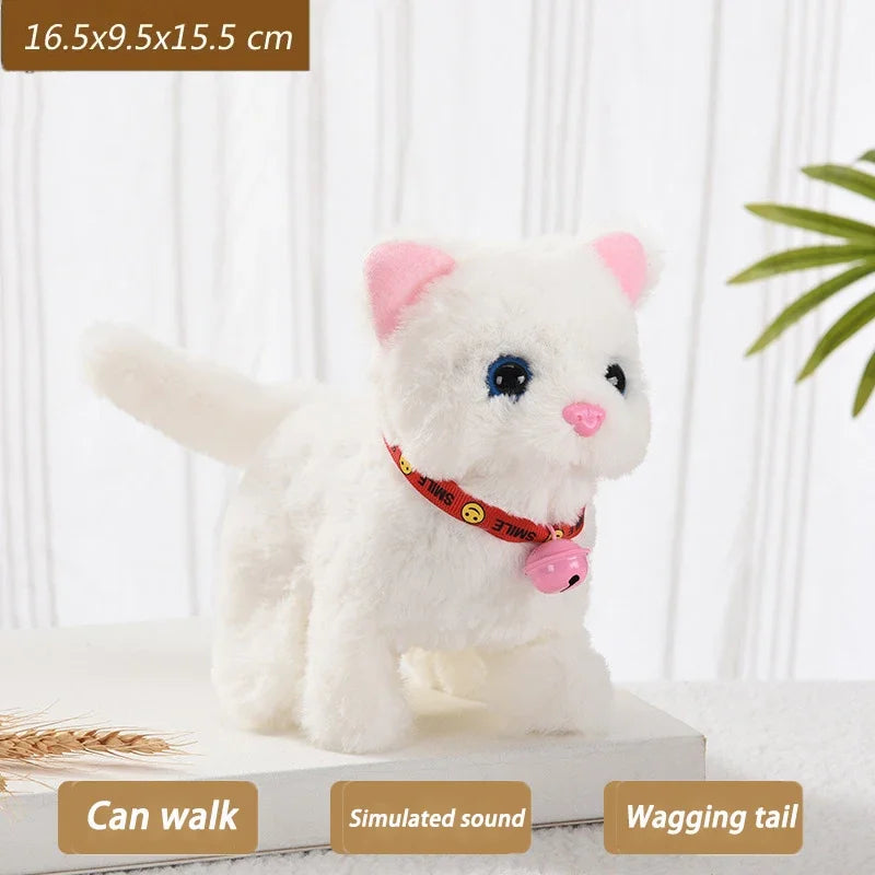 A white plush cat toy with pink accents and a red collar is shown on a white surface.