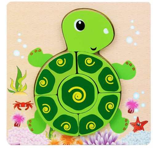 A green turtle puzzle made of wood surrounded by colorful sea plants and starfish.