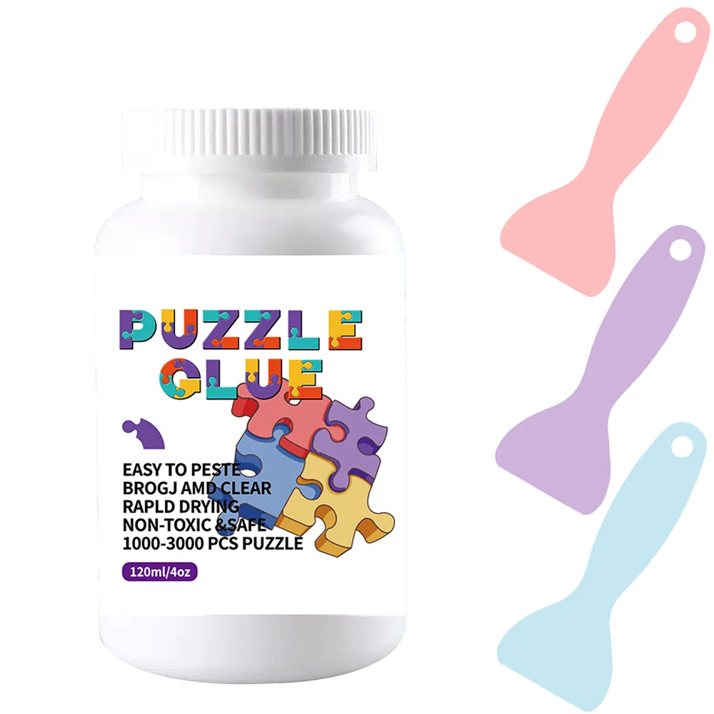 A white bottle of puzzle glue with a purple cap and a label showing instructions for easy pesting and drying.