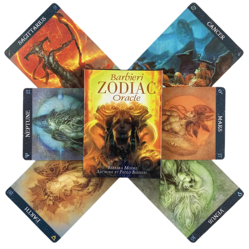 A spread of nine zodiac oracle cards featuring various astrological signs and imagery.