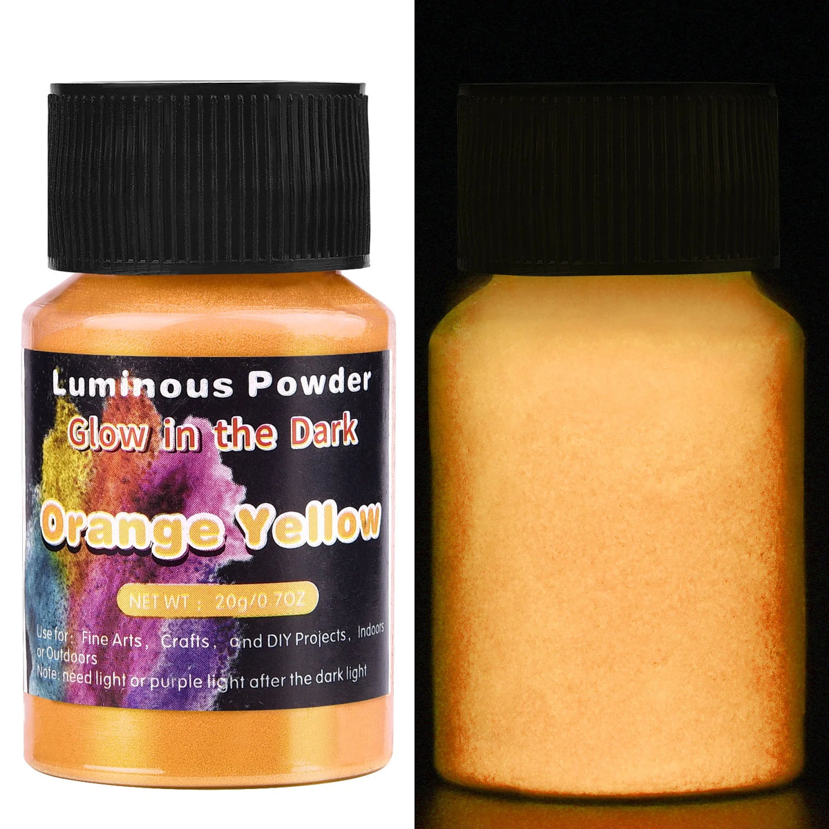 Jar of orange yellow glow-in-the-dark pigment powder for resin art