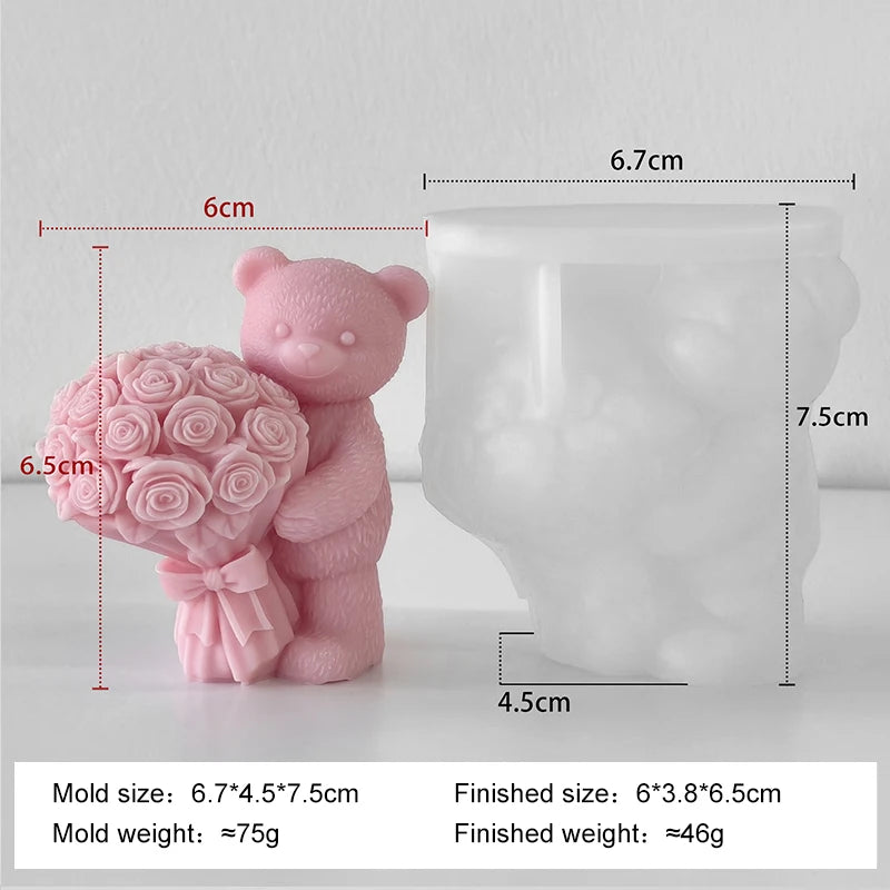 A pink silicone mold shaped like a bear holding roses, used for DIY crafts.