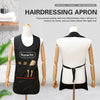 A black professional hairdressing apron displayed on a mannequin, showing the front and back views.