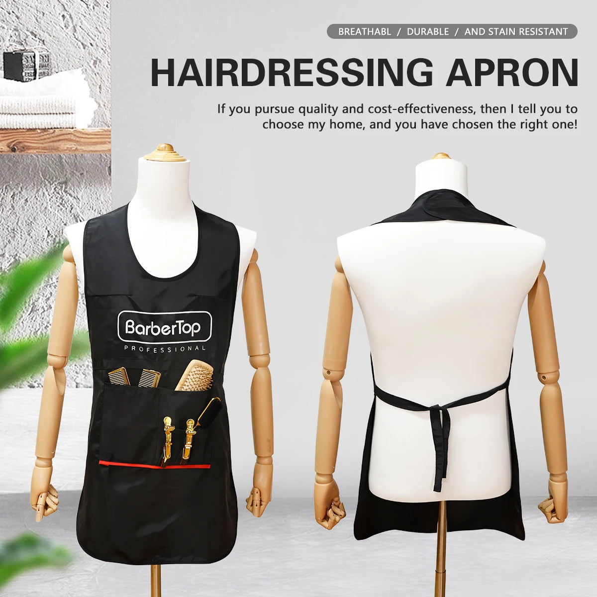 A black professional hairdressing apron displayed on a mannequin, showing the front and back views.