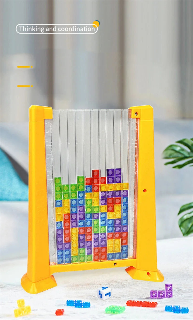 A yellow puzzle board with transparent strips holds colorful building blocks for a creative tangram toy.