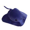 A dark blue plush toy of a cartoon ray devil fish with a soft, velvety texture.