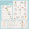 A set of ten-step pen control training worksheets for children featuring tracing lines and shapes.