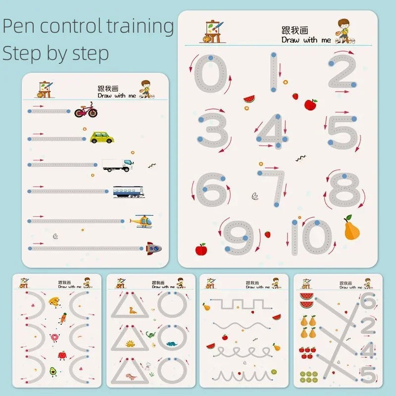 A set of ten-step pen control training worksheets for children featuring tracing lines and shapes.