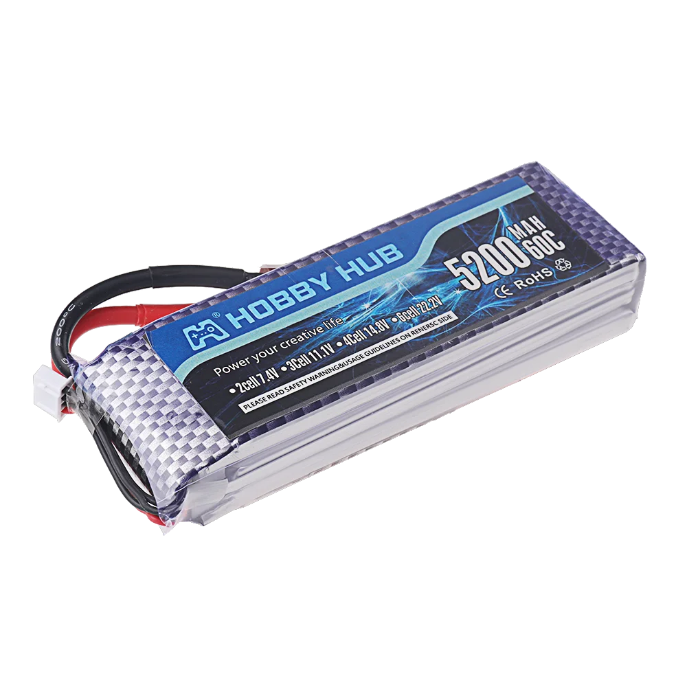 A pack of 5200mAh 50C LiPo battery cells for RC vehicles labeled Hobby Hub