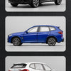 Three diecast model cars: a black BMW X5, a blue BMW X3, and a white BMW X3 M model.